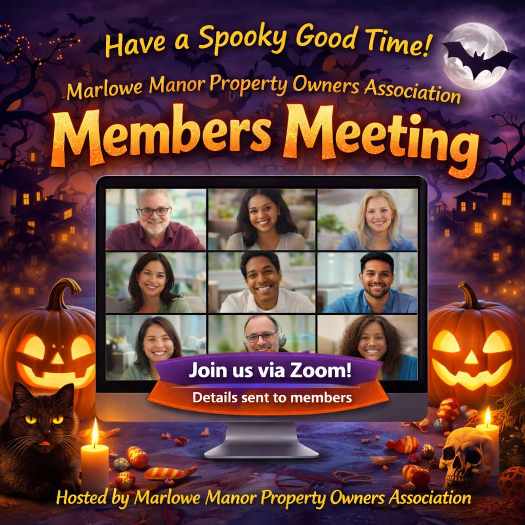 Marlowe Manor Property Owners Association members meeting via Zoom with Halloween theme