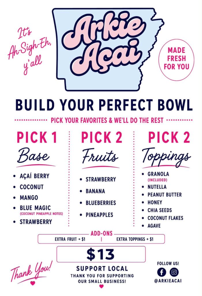 Arkie Açaí menu for Marlowe Manor in Little Rock on August 13, 2026
