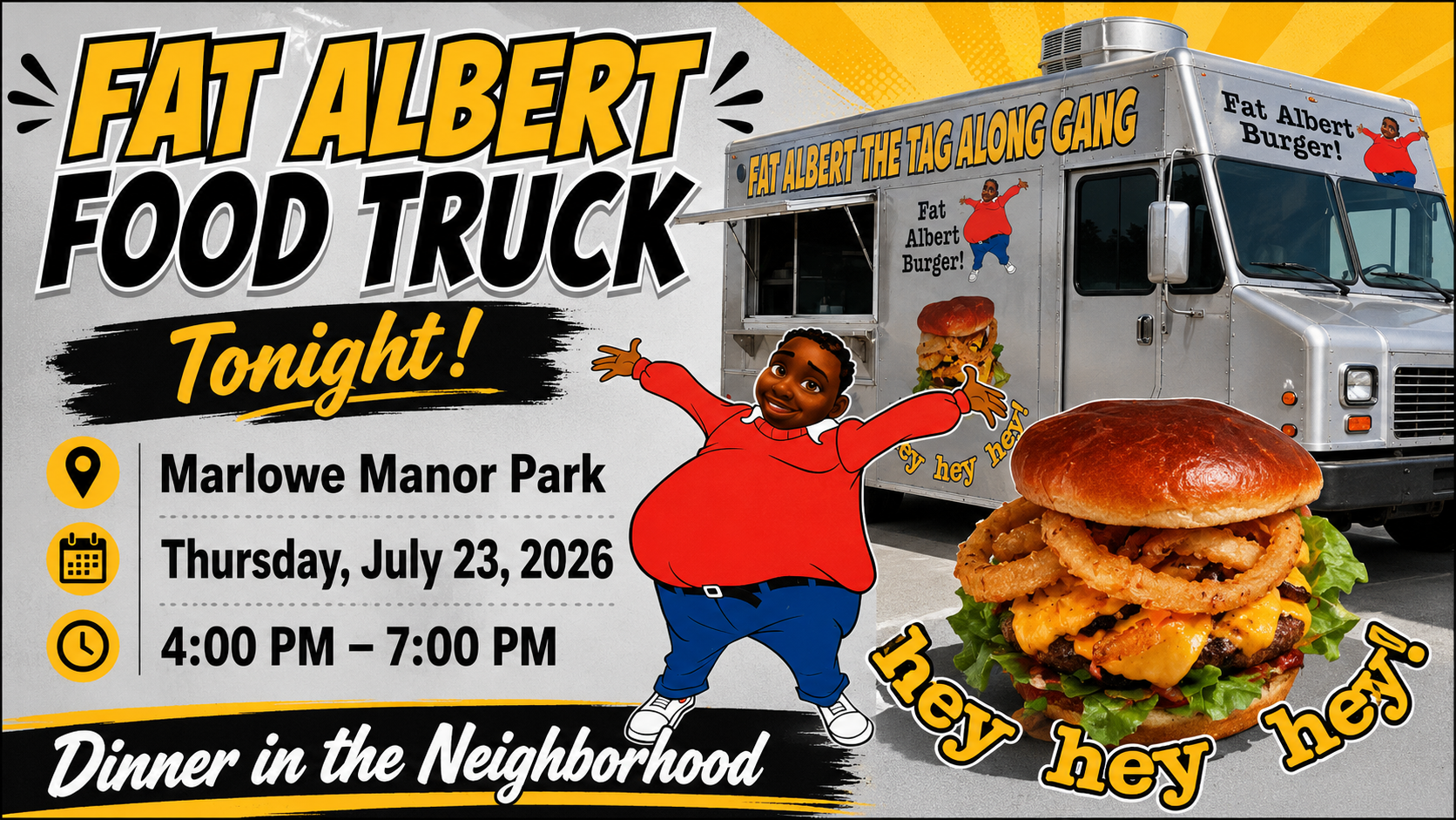 Featured image for Fat Albert Food Truck at Marlowe Manor Park in Little Rock, Arkansas on July 23, 2026 from 4:00 PM to 7:00 PM.