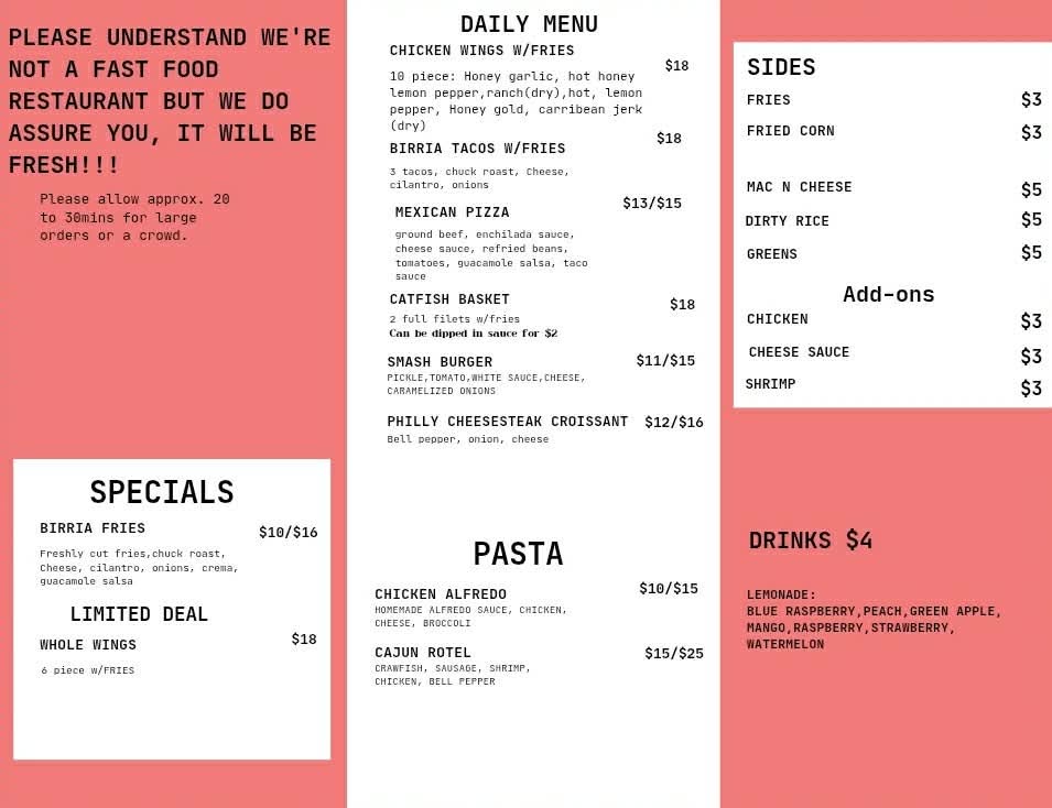 Imperialistic Dining menu in Little Rock Arkansas featuring birria tacos, smash burgers, chicken wings, catfish baskets, Cajun rotel pasta, chicken alfredo, Philly cheesesteak croissants, birria fries, lemonades, and food truck sides.