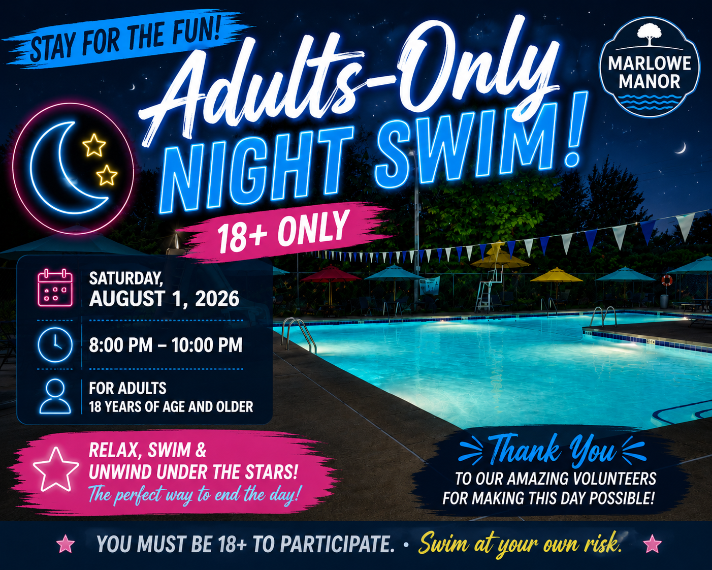 Promotional graphic for the Marlowe Manor Adults-Only Night Swim on Saturday, August 1, 2026, featuring an evening pool scene, glowing lights, and event details for adults ages 18 and older.