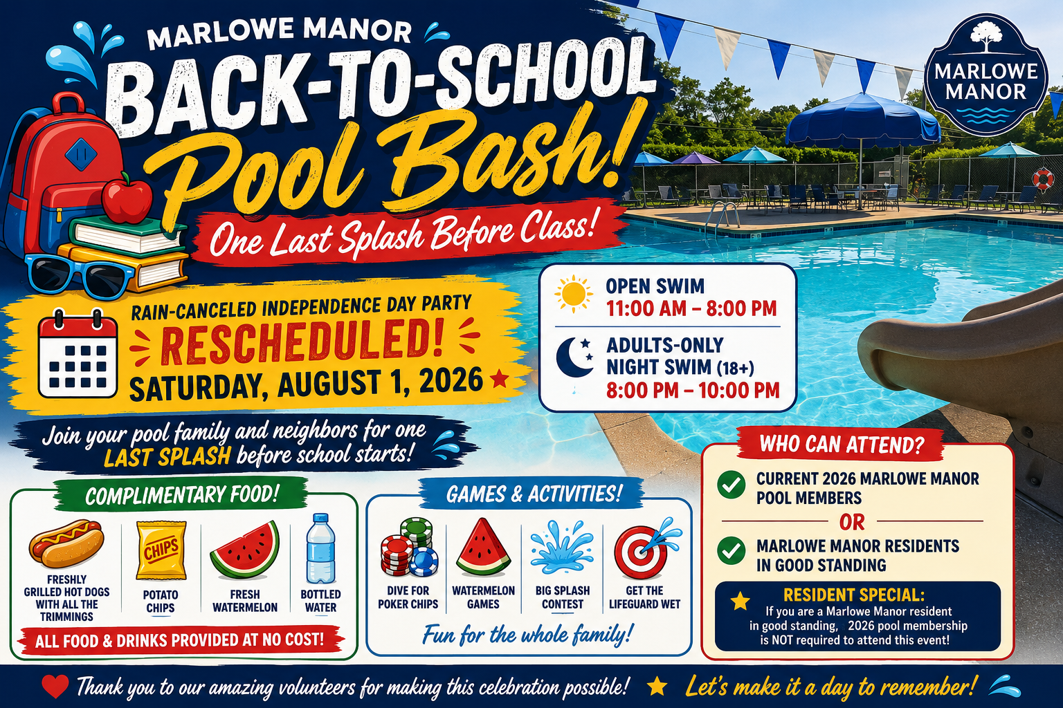 Marlowe Manor Back-to-School Pool Bash on August 1, 2026, featuring one last splash before class with swimming, games, complimentary food, and an adults-only night swim.