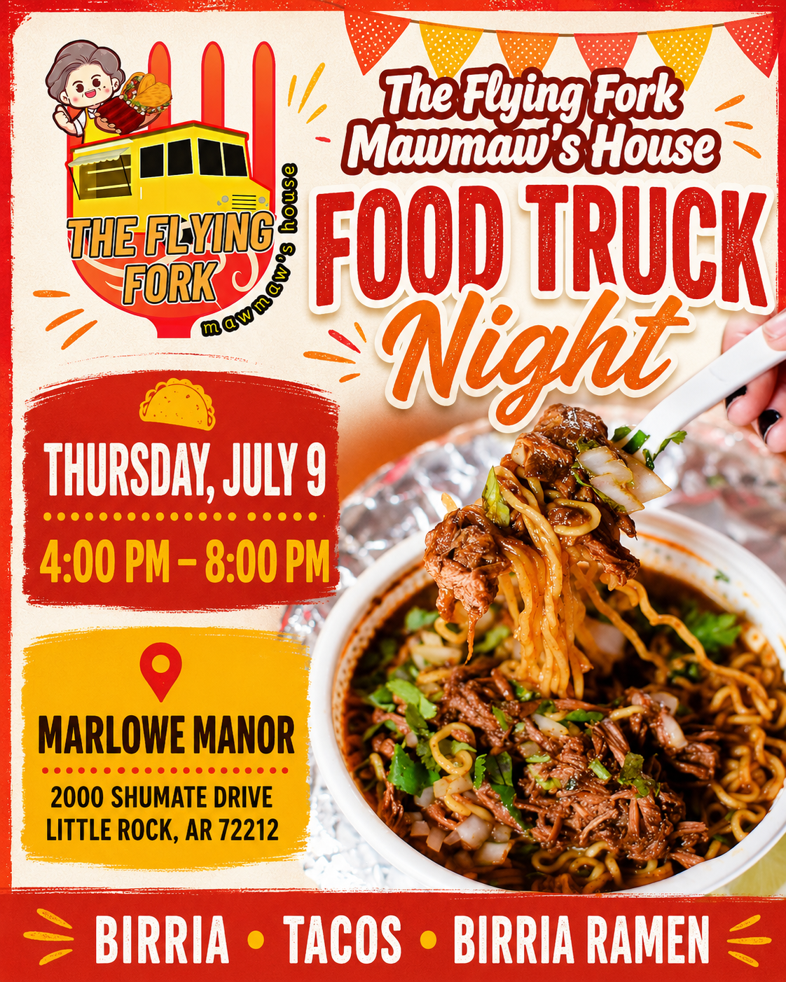 Mawmaw’s House food truck at Marlowe Manor in Little Rock on Thursday July 9 serving birria tacos and birria ramen