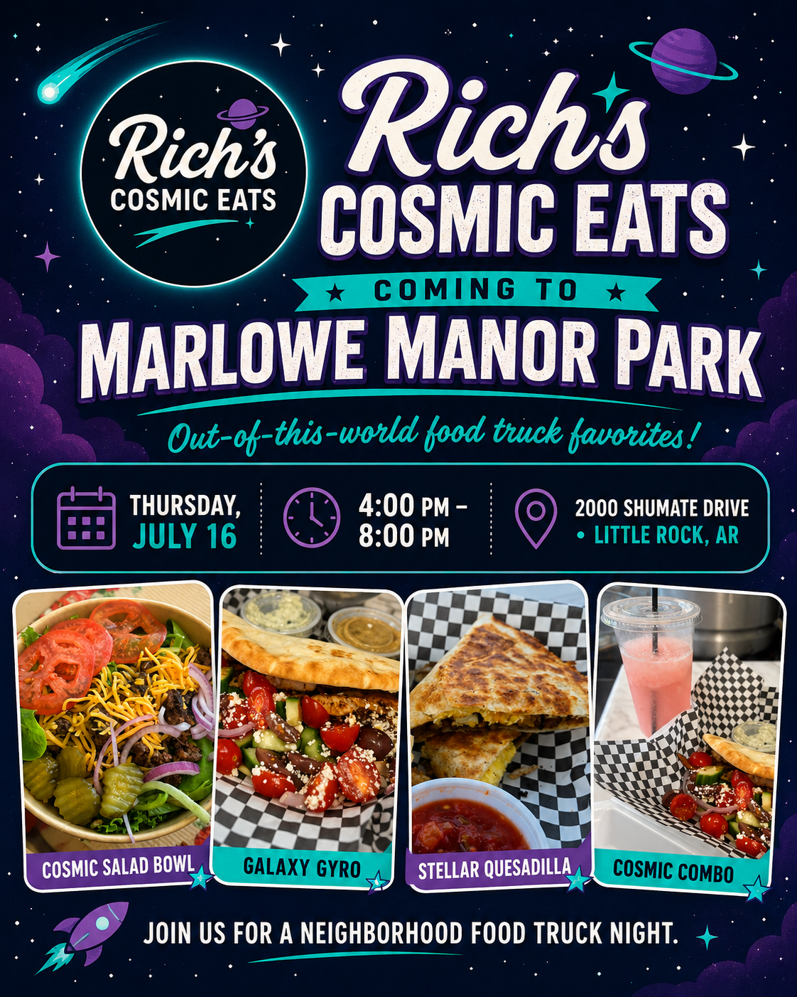 Rich’s Cosmic Eats food truck coming to Marlowe Manor Park in Little Rock on Thursday, July 16, from 4 PM to 8 PM