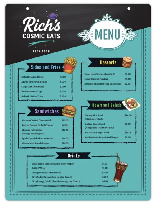 Rich’s Cosmic Eats food truck menu featuring loaded fries, cheesesteaks, gyros, smash burgers, bowls, salads, desserts, dirty sodas, and drinks