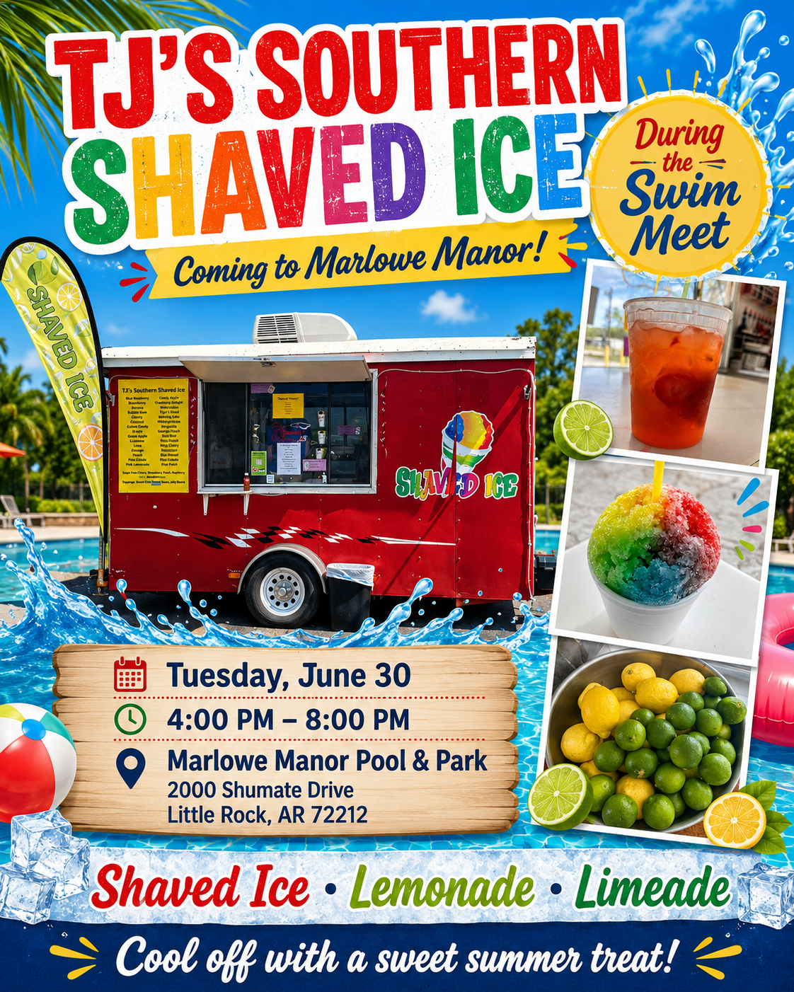 TJ’s Southern Shaved Ice red shaved ice truck serving snow cones, lemonade, and limeade for a Marlowe Manor swim meet in Little Rock.